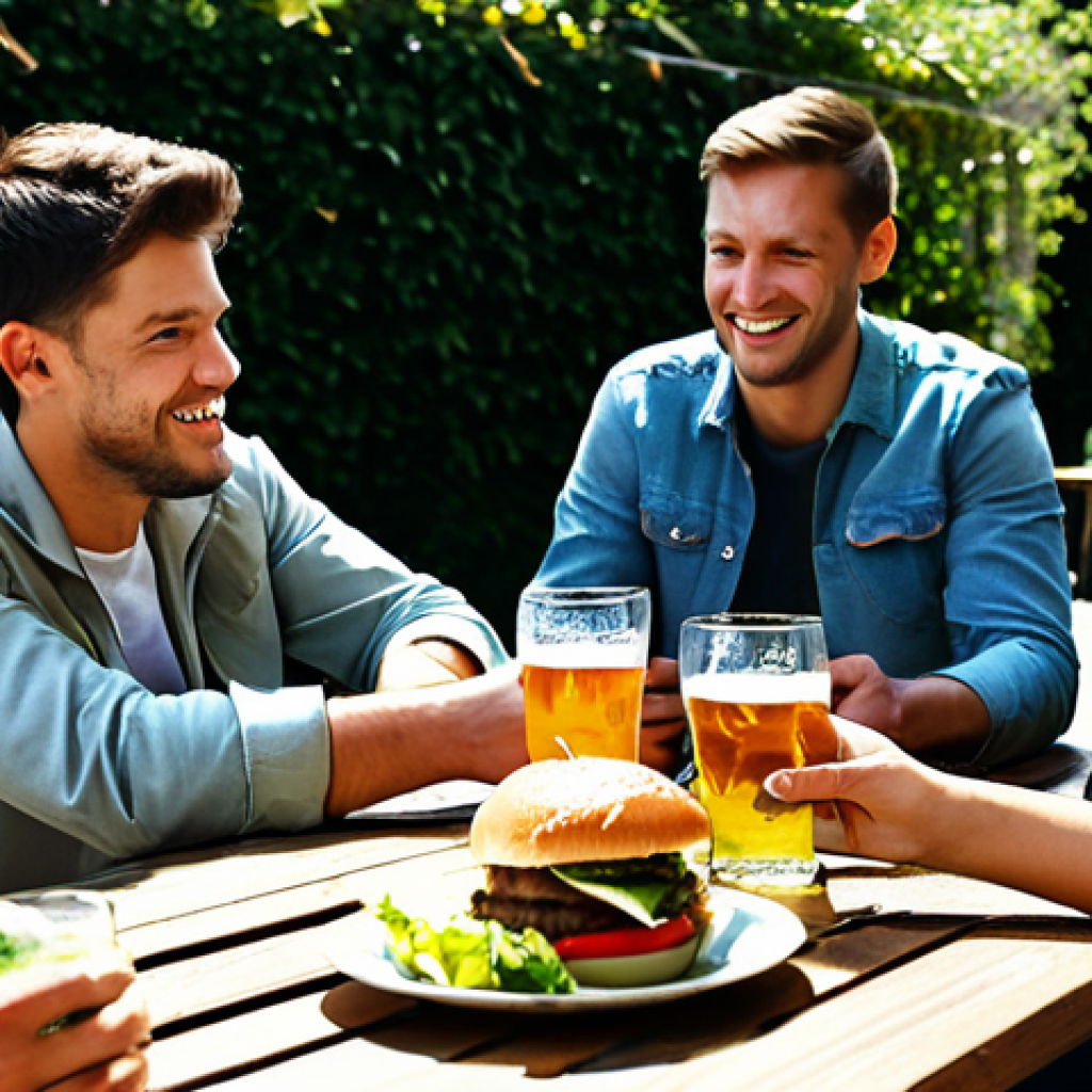 Pale Ale at a Casual Gathering**

A group of friends, fully clothed and in appropriate attire, are enjoying a casual gathering at a sunny outdoor cafe. One person is holding a glass of Pale Ale, the light golden liquid visible. A burger and salad are on the table. safe for work, appropriate content, professional, perfect anatomy, natural proportions, well-formed hands.

**