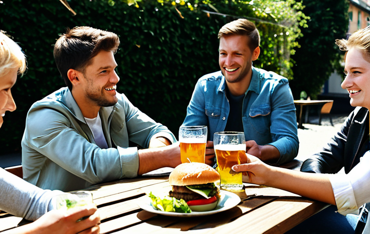 Pale Ale at a Casual Gathering**

A group of friends, fully clothed and in appropriate attire, are enjoying a casual gathering at a sunny outdoor cafe. One person is holding a glass of Pale Ale, the light golden liquid visible. A burger and salad are on the table. safe for work, appropriate content, professional, perfect anatomy, natural proportions, well-formed hands.

**