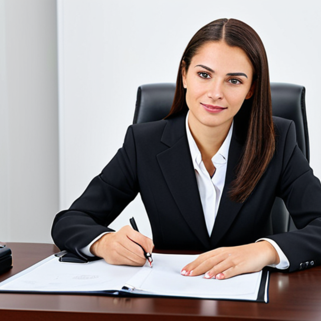 ** A professional businesswoman in a modest business suit, sitting at a desk in a modern office, fully clothed, appropriate attire, safe for work, perfect anatomy, natural proportions, professional photography, high quality.

**