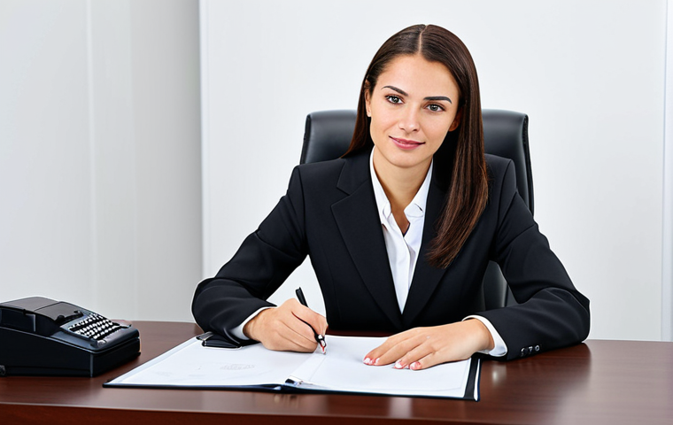 ** A professional businesswoman in a modest business suit, sitting at a desk in a modern office, fully clothed, appropriate attire, safe for work, perfect anatomy, natural proportions, professional photography, high quality.

**