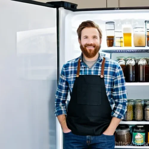 수제맥주 온도 조절법 - **Prompt:** A focused homebrewer, mid-30s, wearing a clean, dark apron over a casual long-sleeved sh...
