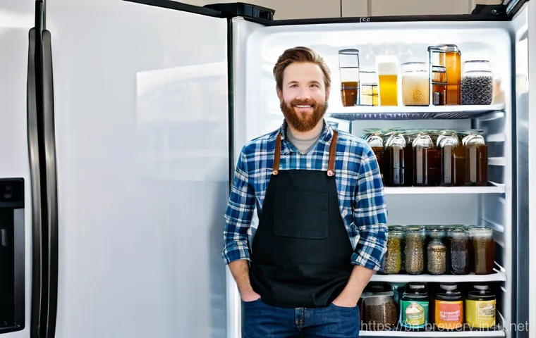 수제맥주 온도 조절법 - **Prompt:** A focused homebrewer, mid-30s, wearing a clean, dark apron over a casual long-sleeved sh...