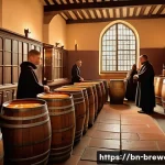 벨기에 맥주 특징 - A detailed, warm-lit scene inside a traditional Belgian monastery brewery, showing monks carefully b...