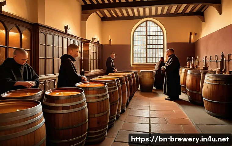 벨기에 맥주 특징 - A detailed, warm-lit scene inside a traditional Belgian monastery brewery, showing monks carefully b...