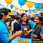 수제맥주와 파트너십 - A vibrant scene at a local Bengali community festival showcasing various craft beer brands promoting...