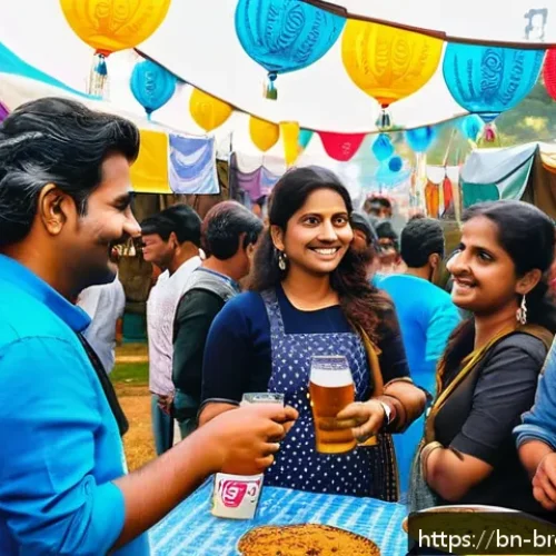 수제맥주와 파트너십 - A vibrant scene at a local Bengali community festival showcasing various craft beer brands promoting...