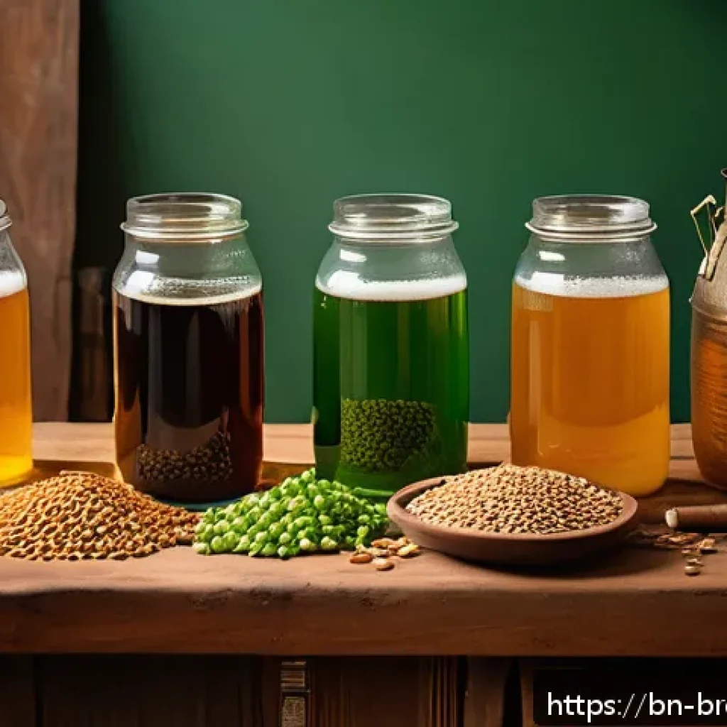 수제맥주와 향미 조절 - A cozy home brewery scene focused on the beer brewing process, showcasing various malt types like wh...
