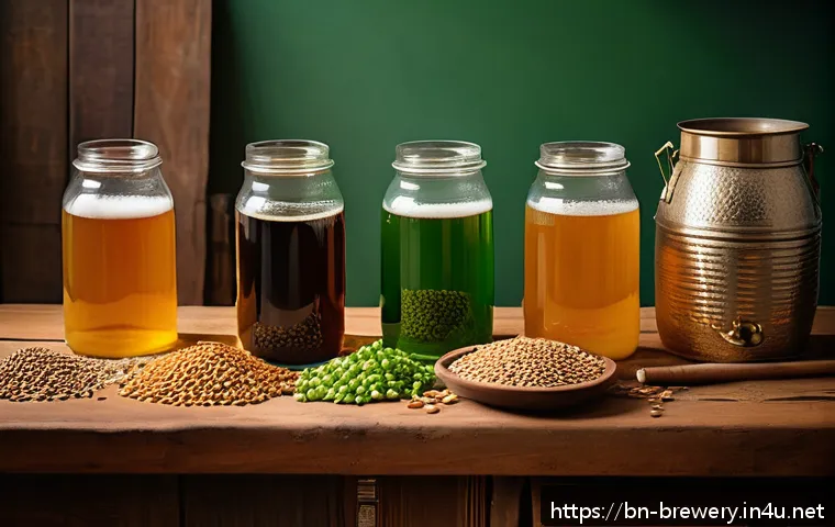 수제맥주와 향미 조절 - A cozy home brewery scene focused on the beer brewing process, showcasing various malt types like wh...