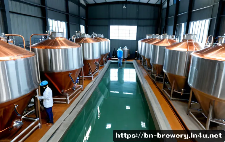수제맥주 공장 설계 - Photorealistic wide-angle view of a thoughtfully designed craft brewery production floor in Banglade...
