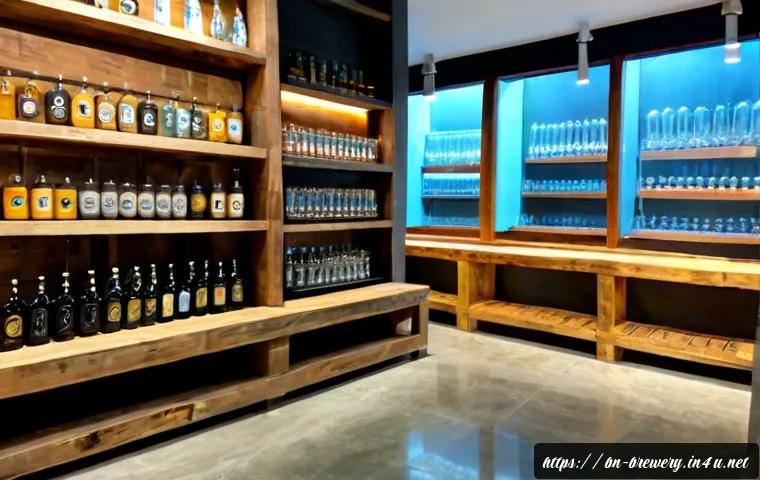 Home 17 브루어리 매장 인테리어 디자인 - Photorealistic modern craft brewery retail interior in Dhaka, Bangladesh, warm reclaimed wood shelvi...
